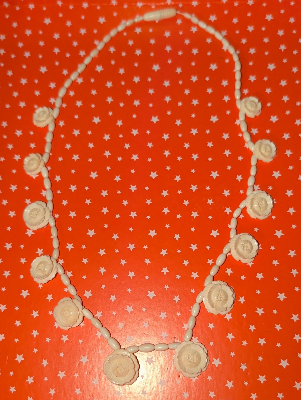 Vintage Hand-Carved Bovine Bone Floral Rose Bead Necklace